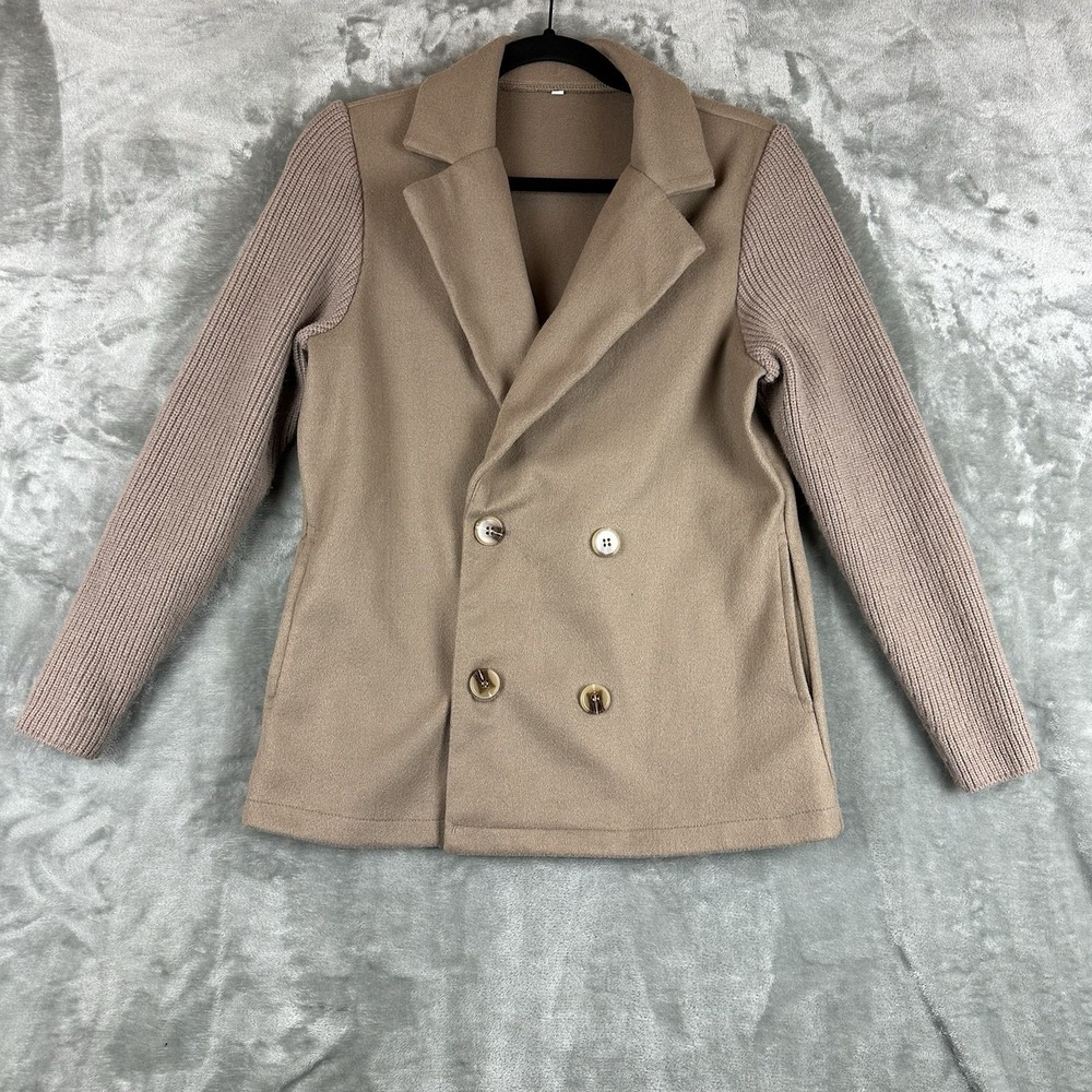 Blazer Coat Women's XS Tan Beige Double Breasted Button Closure Ribbed Sleeve
